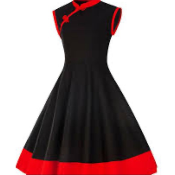 Vintage Retro Asian Black Dress w/Red trim and black Polka dots - Picture 3 of 8